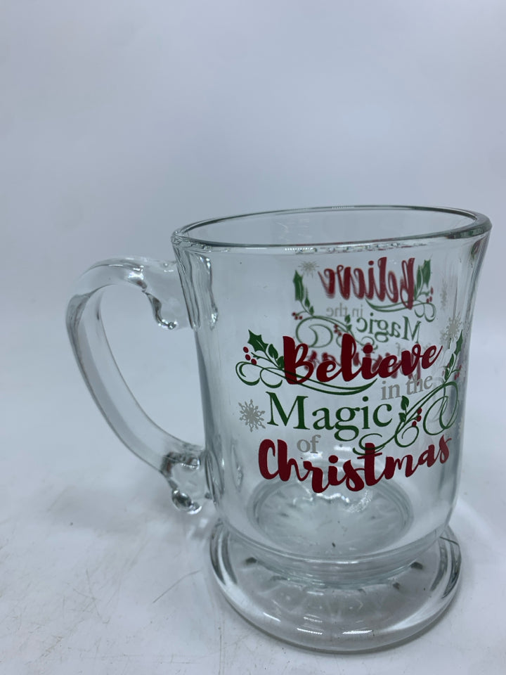BELIEVE IN MAGIC GLASS CHRISTMAS MUG.