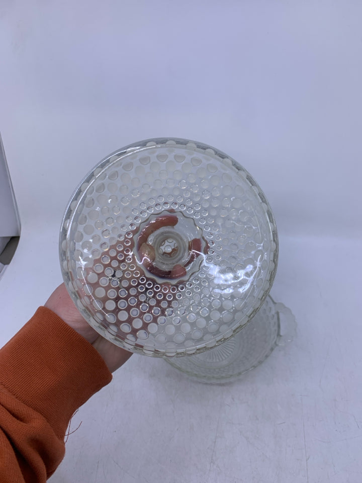 VTG CLEAR GLASS CANDY DISH W/ LID/HANDLES WHITE HOBNAIL.