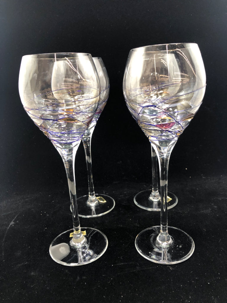 4 GLASS WINE GLASSES W/DELICATE BLUE LINES.