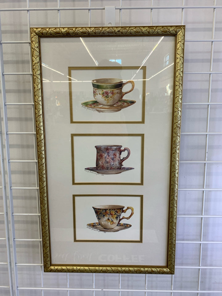TEACUPS PAINTING IN GOLD FRAME.