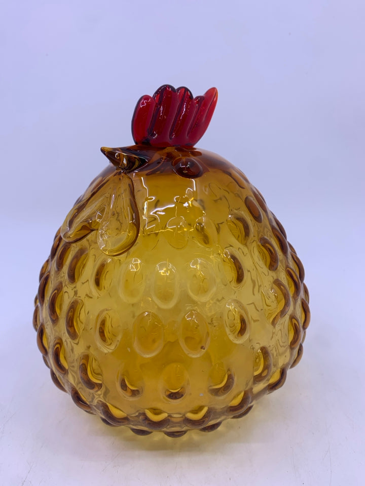 AMBER AND RED GLASS HOBBNAILED HEN.