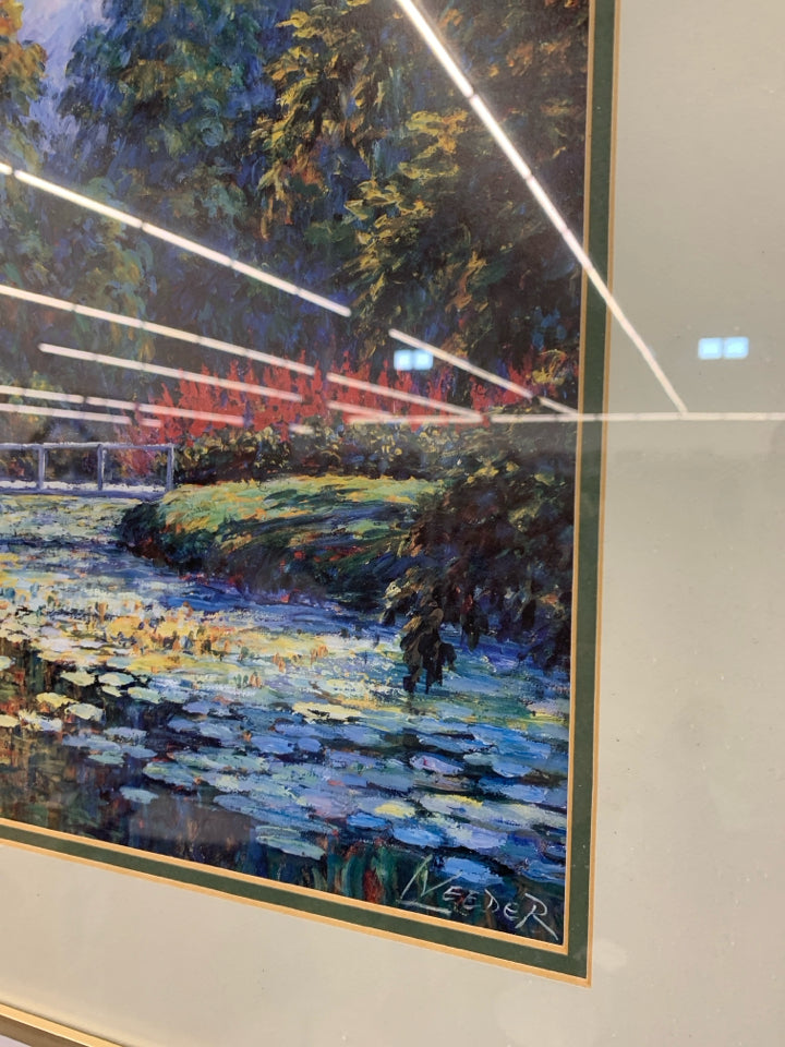 FRAMED FLORAL BRIDGE OVER WATER LANDSCAPE PRINT.