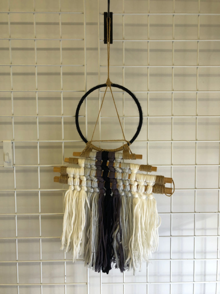 WOVEN WALL ART PURPLE,WHITE,GREY,BLACK DETAIL.