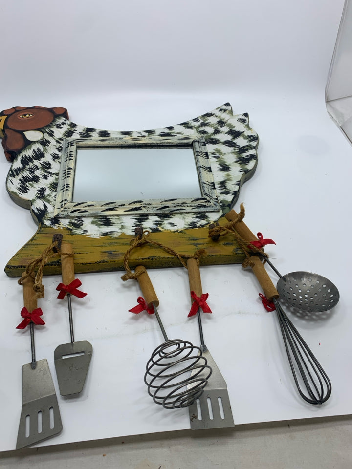 ROOSTER MIRROR W/ UTENSIL WALL DECOR.