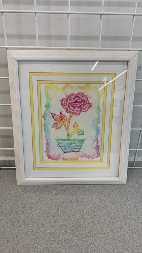 RAINBOW WATERCOLOR ROSE PRINT IN YELLOW BORDER FRAME.