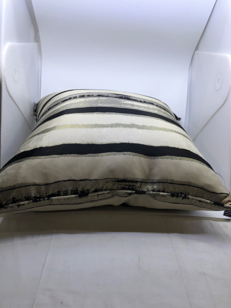 LARGE DOWN TAN W/ BLACK+ METALLIC STRIPES PILLOW.