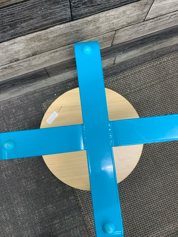 SMALL BAMBOO TABLE W BLUE LEGS.