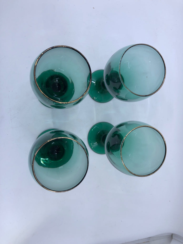 4 DARK GREEN WINE GLASSES GOLD RIM.