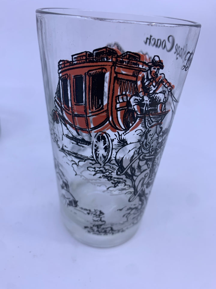 6 VTG TUMBLER GLASSES W SCENES IN GOLD METAL CARRIER.