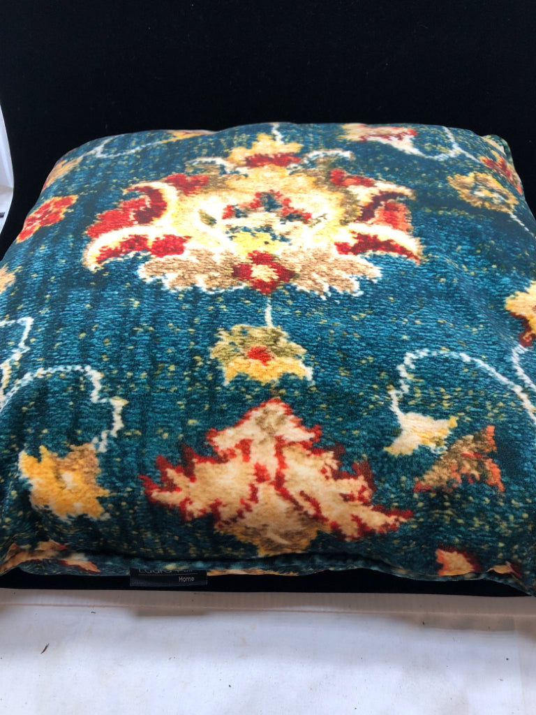 DARK GREEN W/ YELLOW RED FLOWERS PILLOW LAURA HIL.