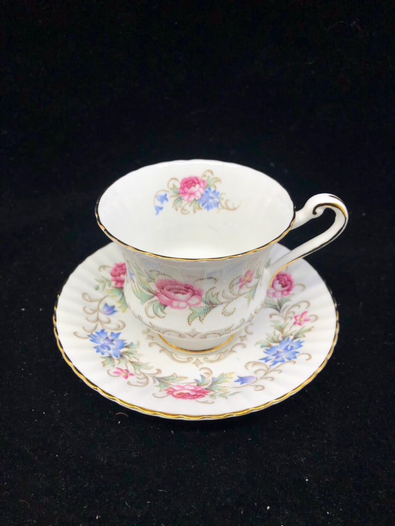 VTG CHATELAINE TEA CUP + SAUCER W BLUE AND PINK FLOWER DESIGN.