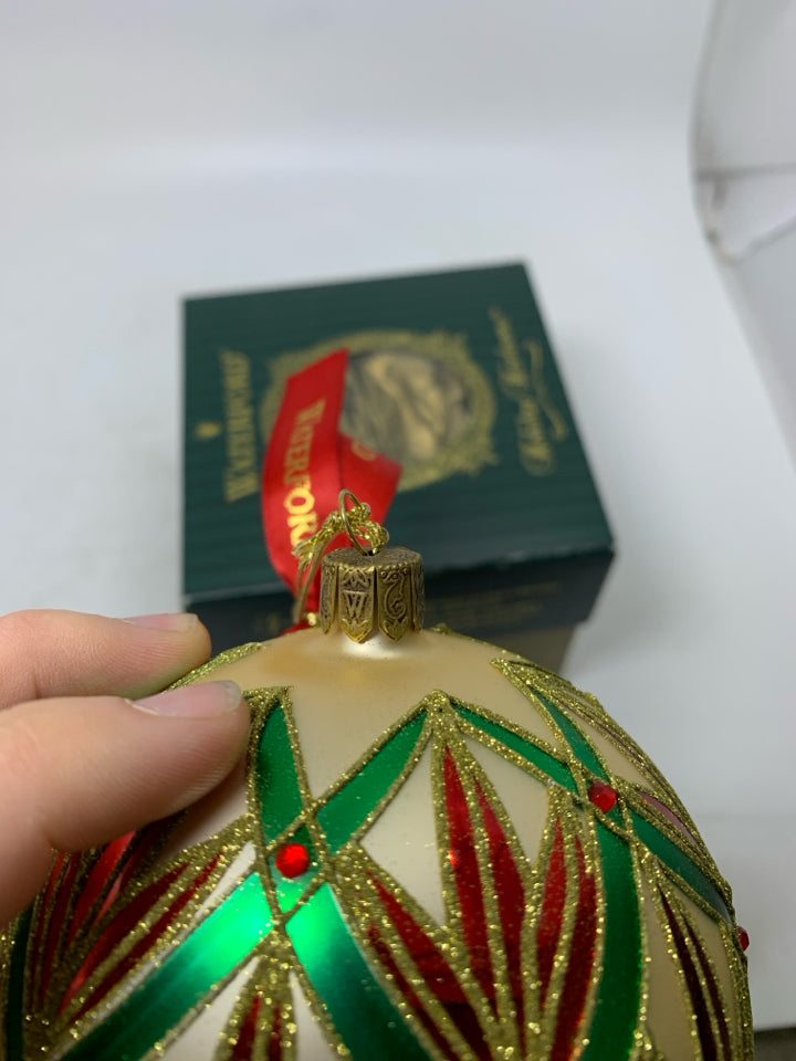 IN BOX WATERFORD CRYSTAL FESTIVE CRYSTAL BALL ORNAMENT GOLD RED & GREEN.