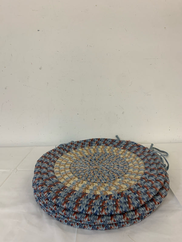 4 ROUND BLUE WOVEN CUSHIONS.