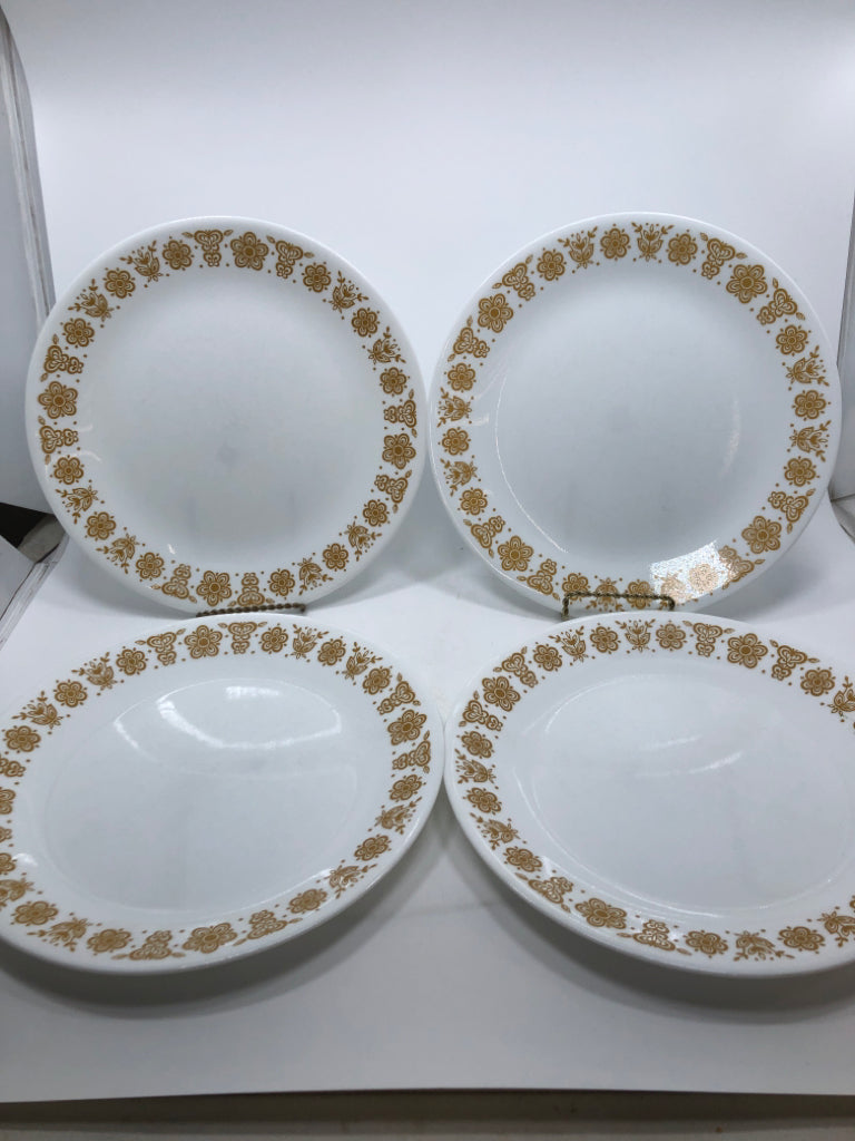 4 BUTTERFLY GOLD PATTERN DINNER PLATES.