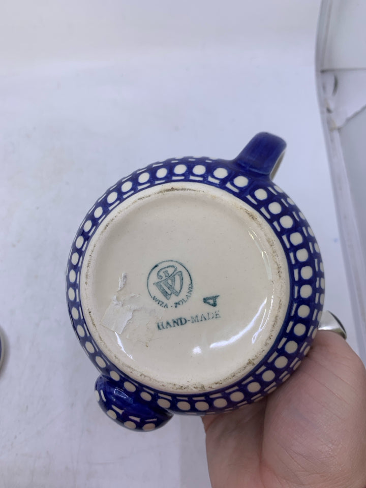 SMALL BLUE W/ WHITE CIRCLES POLISH POTTERY.