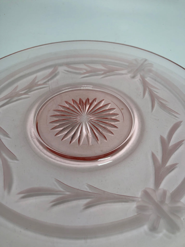 VTG PINK GLASS ETCHED PLATE.