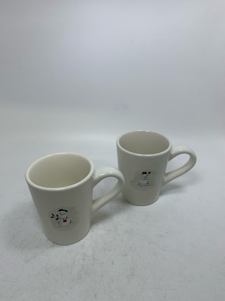 2 WILLIAM-SONOMA WHITE SNOWMAN MUGS.