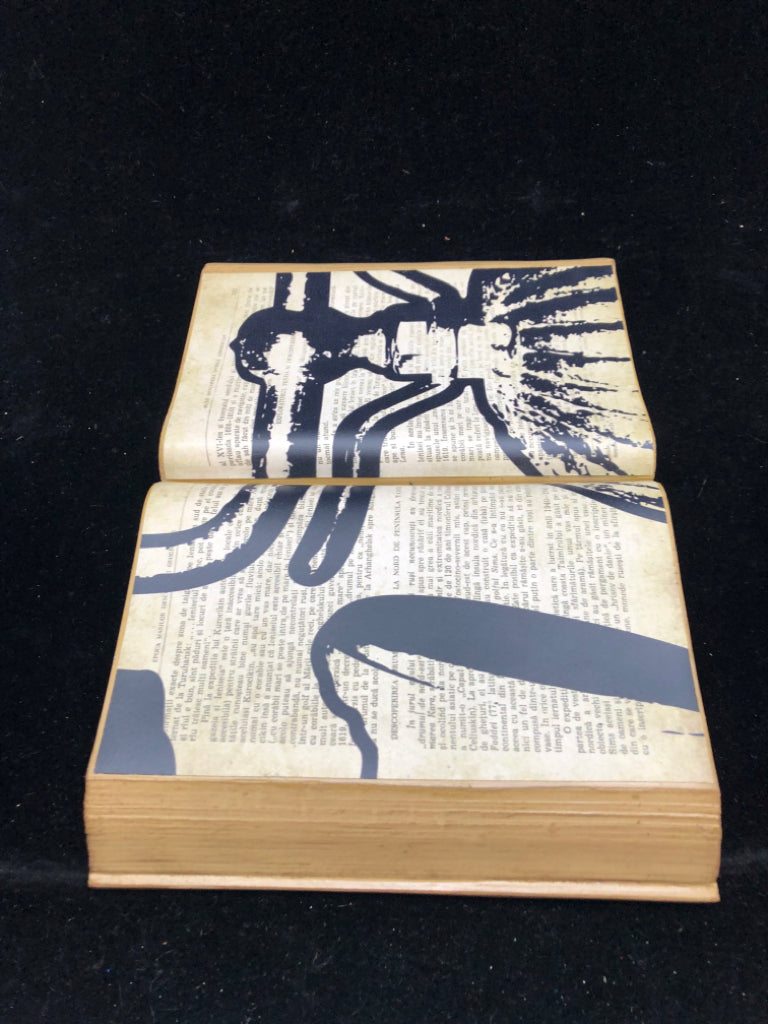 WOOD OPEN BOOK PRINT PAGES-BLACK DESIGN OVER PRINT WALL HANGING.