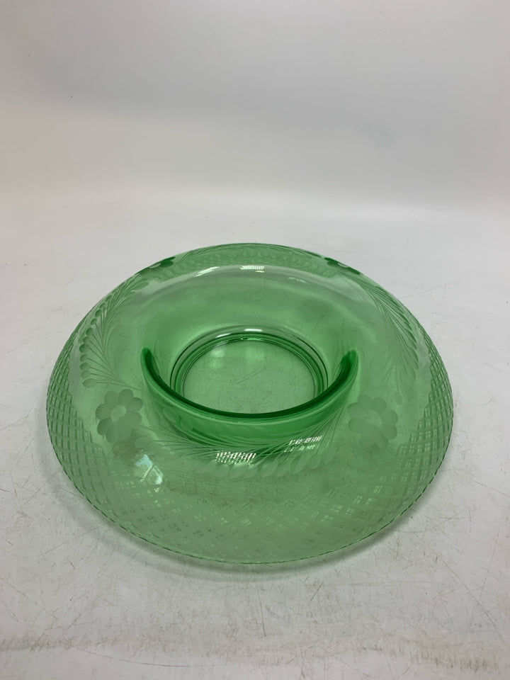 VTG GREEN DOME GLASS BOWL W/ ETCHED FLOWERS.