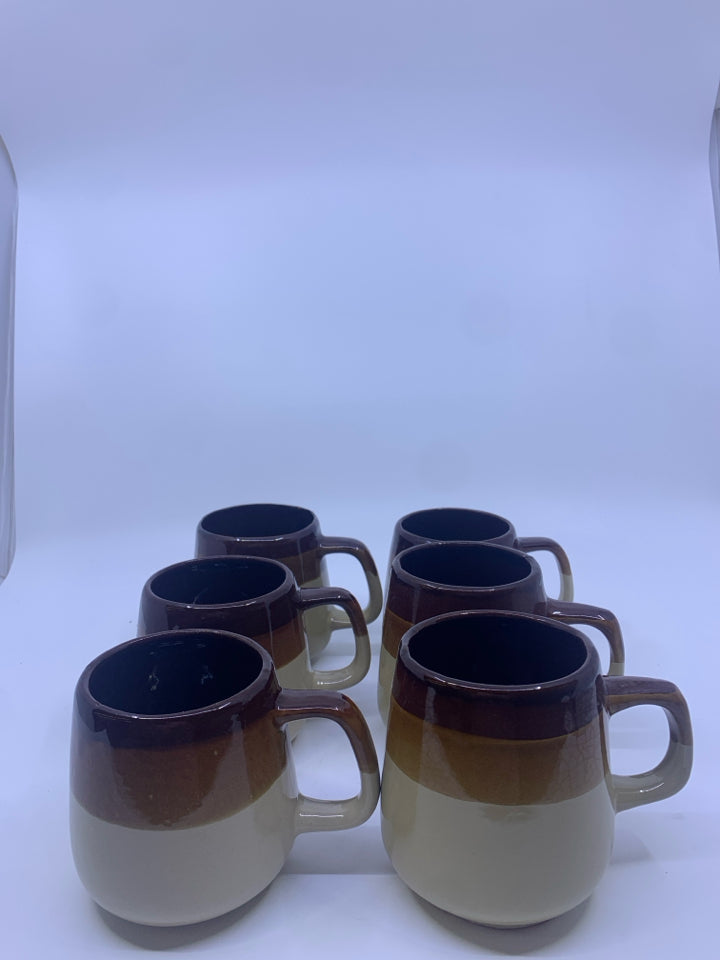 6 TWO TONED BROWN MUGS.