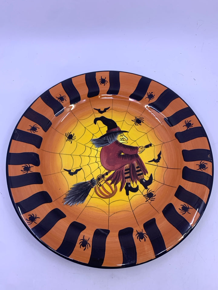 WITCH ON BROOM W/ SPIDERS PLATTER.