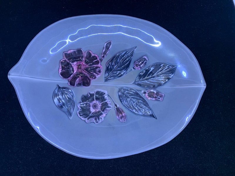 FOOTED FROSTED TRAY W/ ENGRAVED LEAVES PINK FLOWERS.