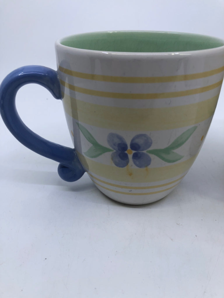 2 BLUE, YELLOW, GREEN FLOWER MUGS.