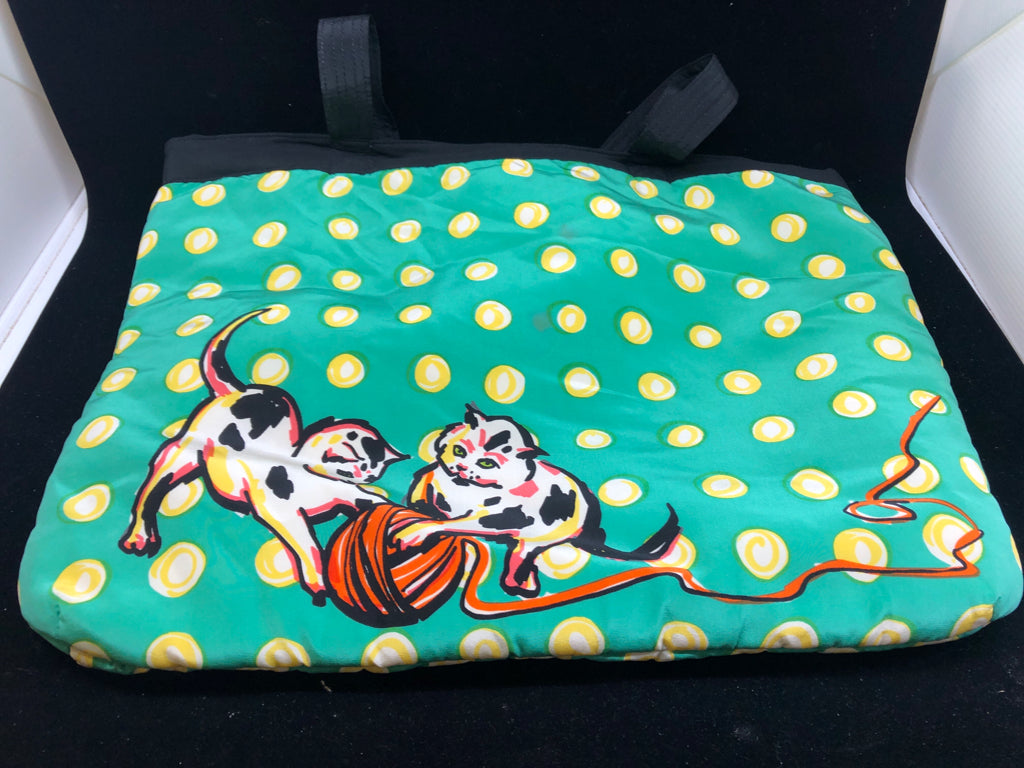 TEAL CAT BAG W YELLOW POLKA DOTS.