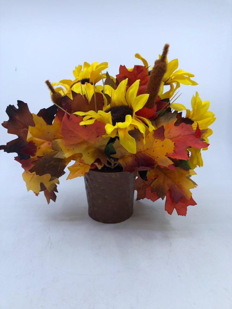 BROWN TEXTURED PLANTER W/ FAUX FALL BOUQUET.