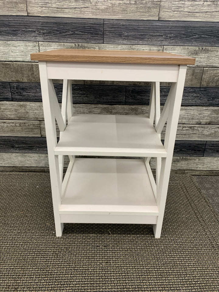 WOOD TOP WHITE PAINTED X SIDE TABLE W/SHELVES.