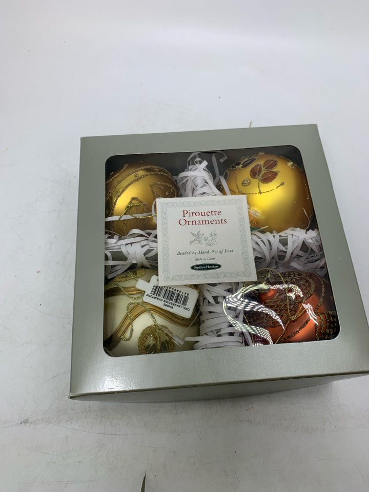 4 BEADED BY HAND ASSORTED SMITH & HAWKEN ORNAMENTS IN BOX.