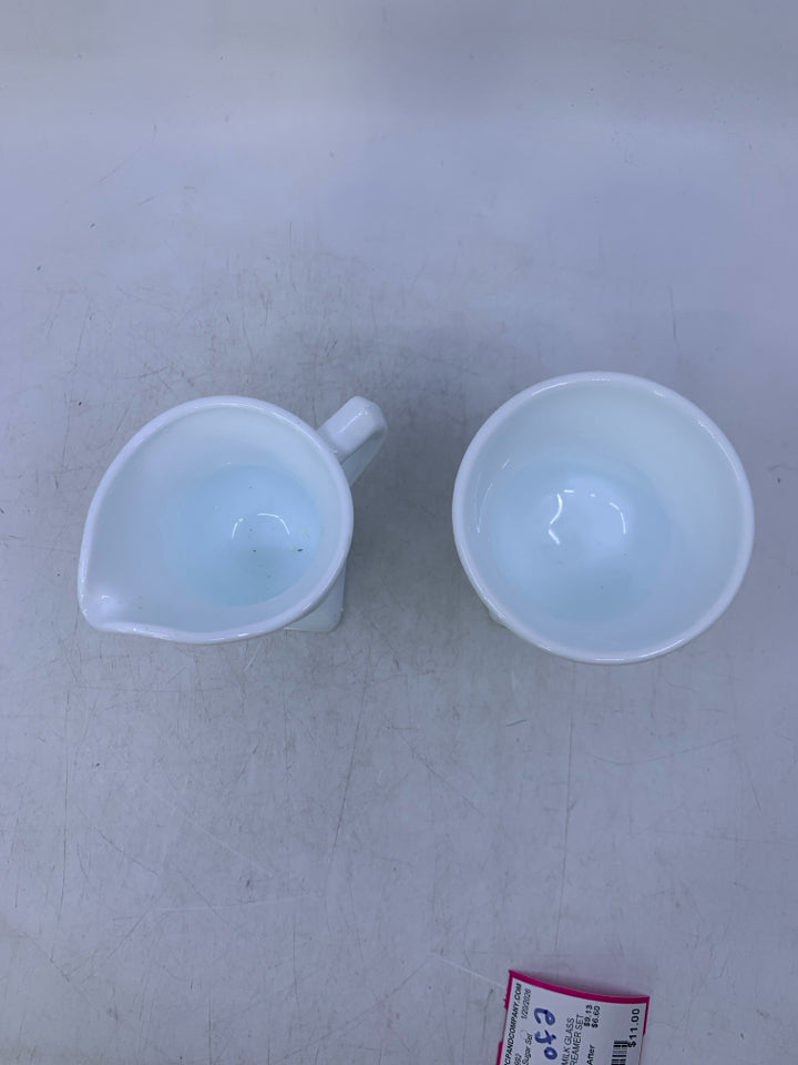 FOOTED MILK GLASS SUGAR CREAMER SET CIRCLES/DIAMONDS.