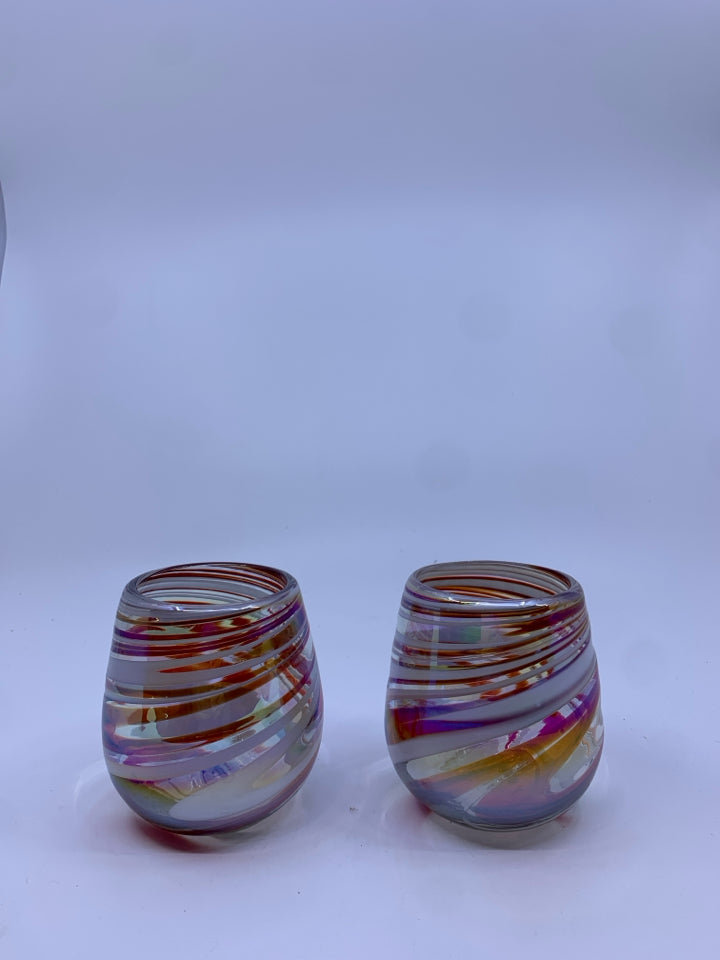 2 RED AND WHITE BLOWN GLASS WINE GLASSES.