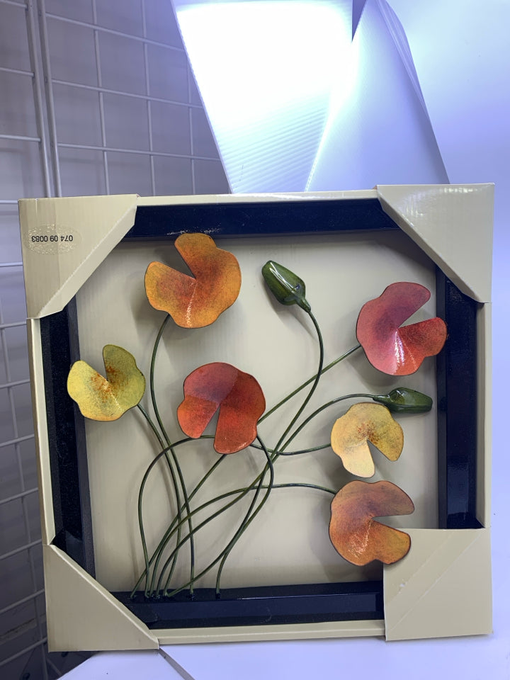 METAL SQUARE WALL ART W/ COLORED LILLY PADS.