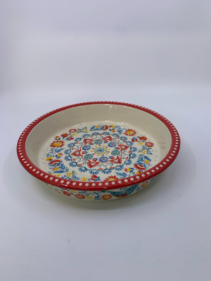 RED/BLUE FLORAL PIE DISH W/ BEADED EDGE.