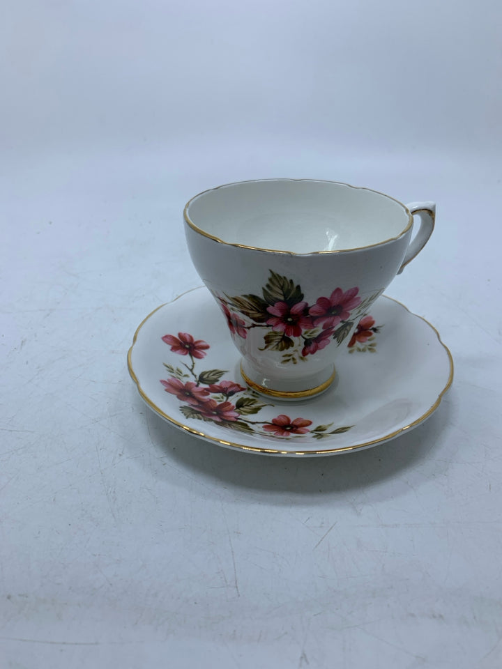 DARK PINK FLOWERS TEACUP/SAUCER.
