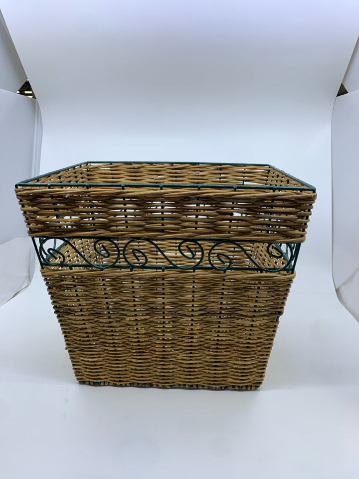 BLONDE WOVEN SQUARE TRASH CAN W/ GREEN METAL DETAIL.