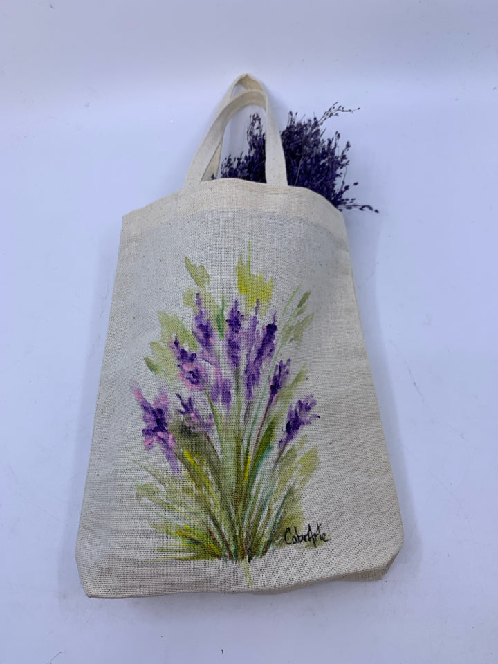 PAINTED LAVENDER TOTE BAG W/ REAL DRIED LAVENDER BUNDLE.