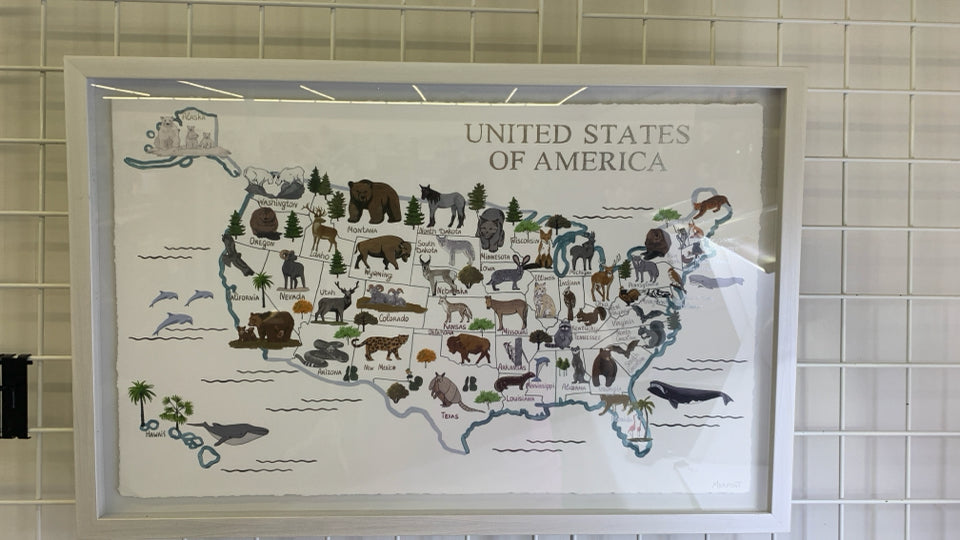 WHITE FRAME USA MAP WITH ANIMALS.