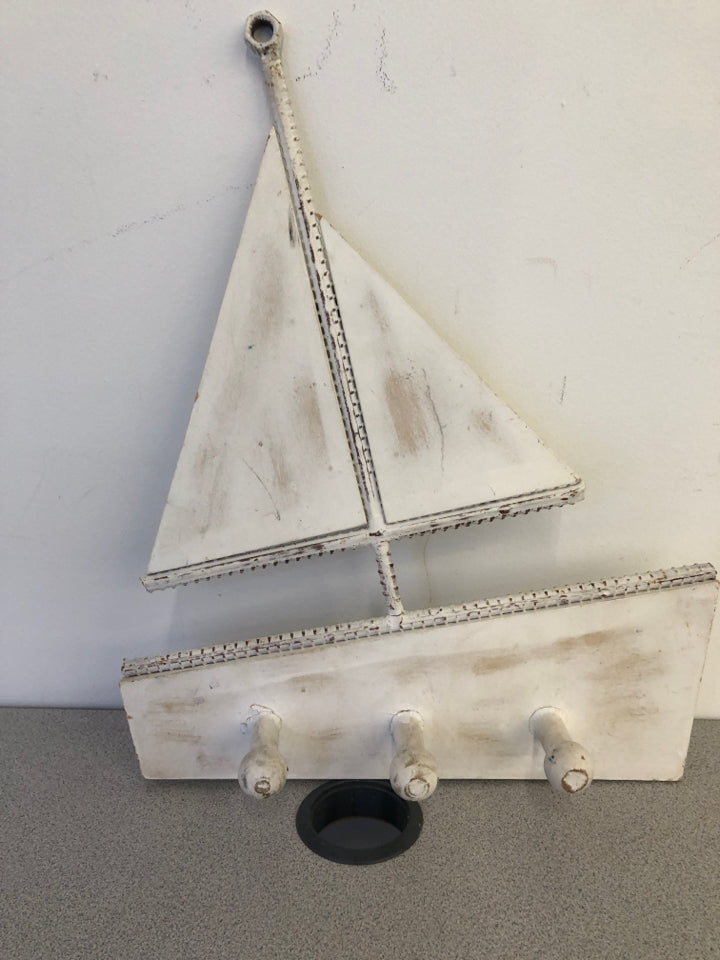 WHITE DISTRESSED SAILBOAT W/ HOOKS WALL HANGING.