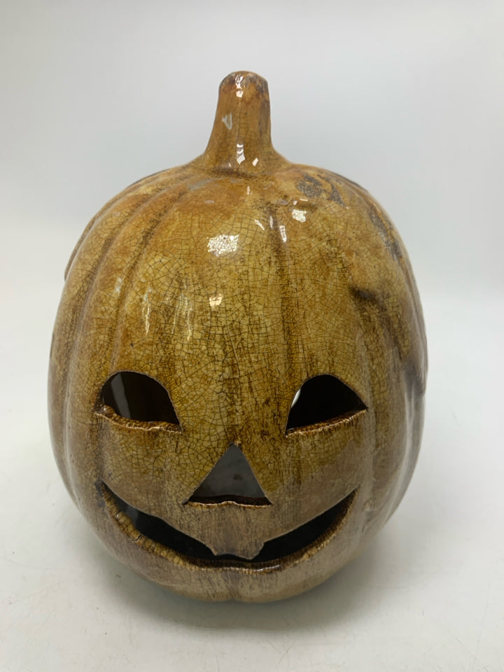 RUSTIC CERAMIC HOLLOW JACKO LANTERN CANDLE HOLDER.
