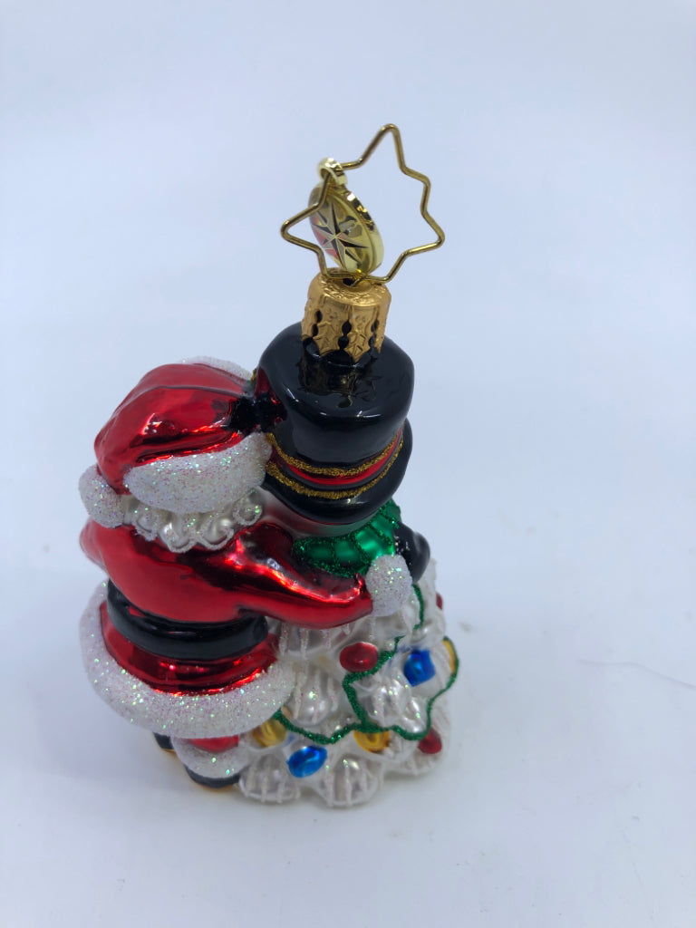 GLASS SANTA AND SNOWMAN ORNAMENT.