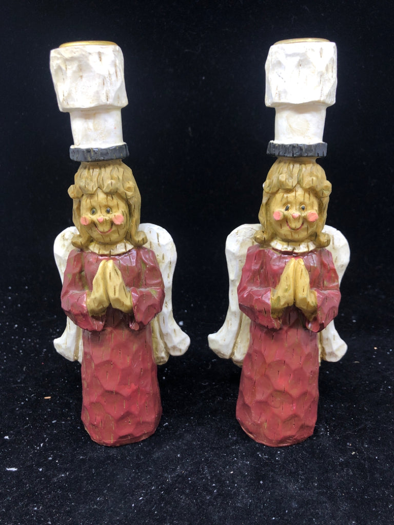 2 RESIN CARVED ANGEL TAPER CANDLE HOLDER.