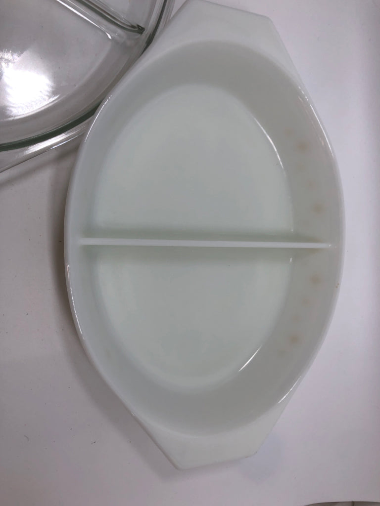 VTG DIVIDED CASSEROLE DISH PYREX CONSTELLATION ATOMIC STARBURST W/LID.