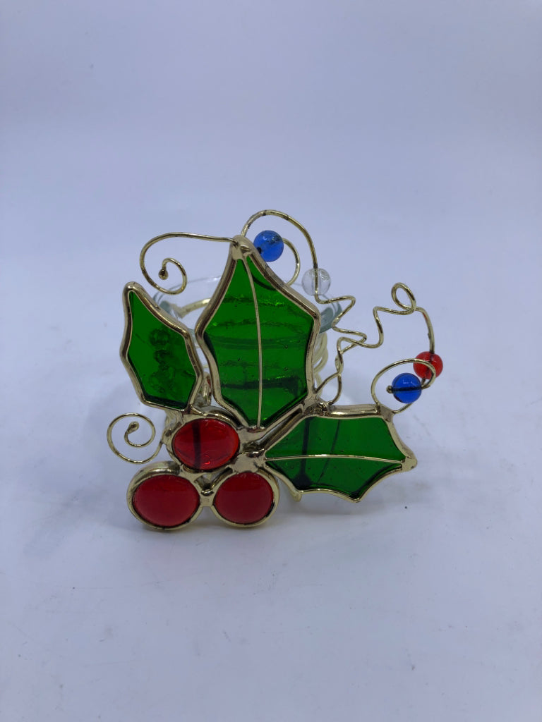 GOLD HOLLY METAL CANDLE HOLDER.