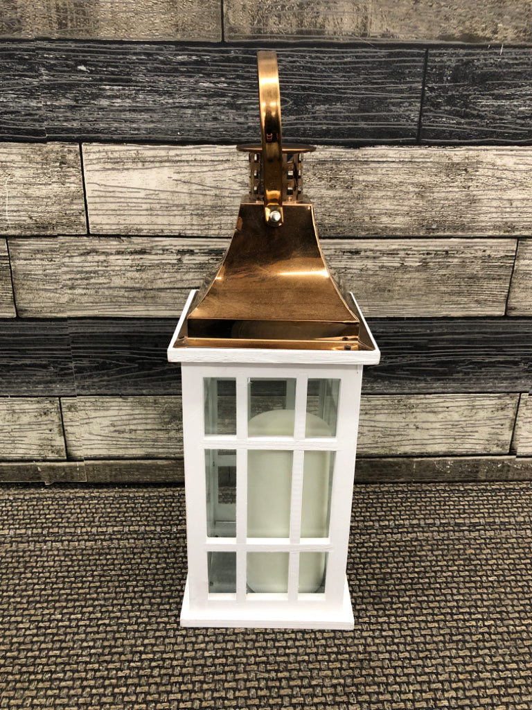 WHITE WOOD + COPPER FAUX CANDLE LANTERN.