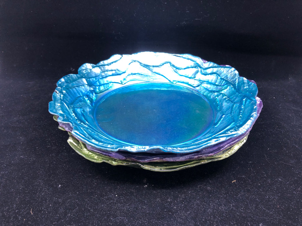 3 MULTI COLORED BLUE, GREEN, PURPLE CENTERPIECE BOWLS.