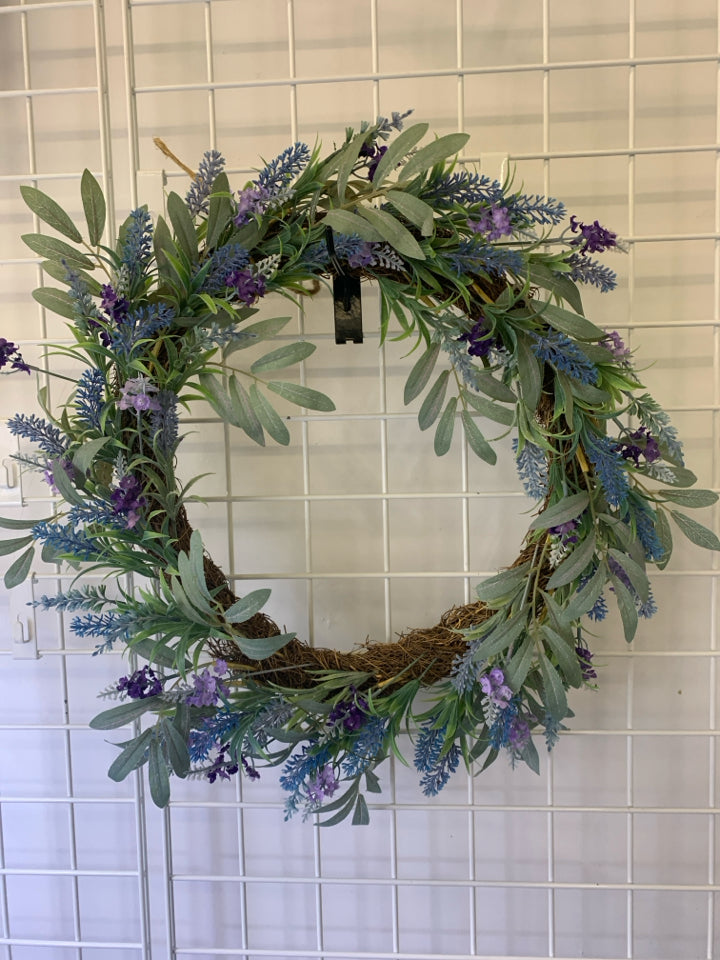 PURPLE/BLUE FLOWERS TWIG WREATH.