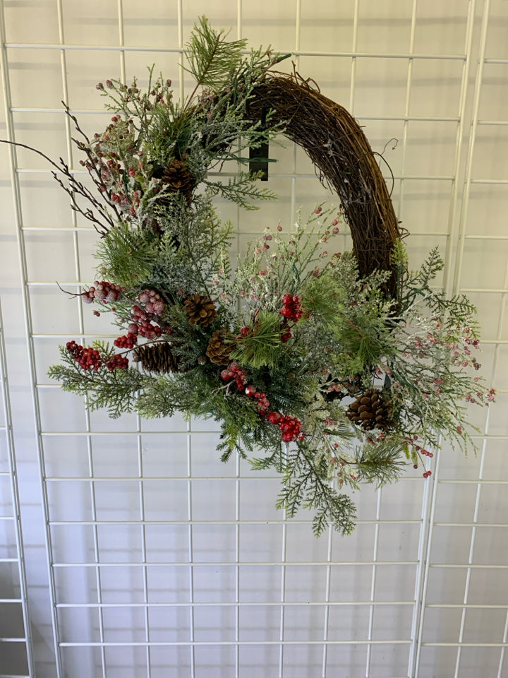 OVAL TWIG WREATH W/ FROSTED RED BERRIES SMALL PINE CONES, LIGHT UP.