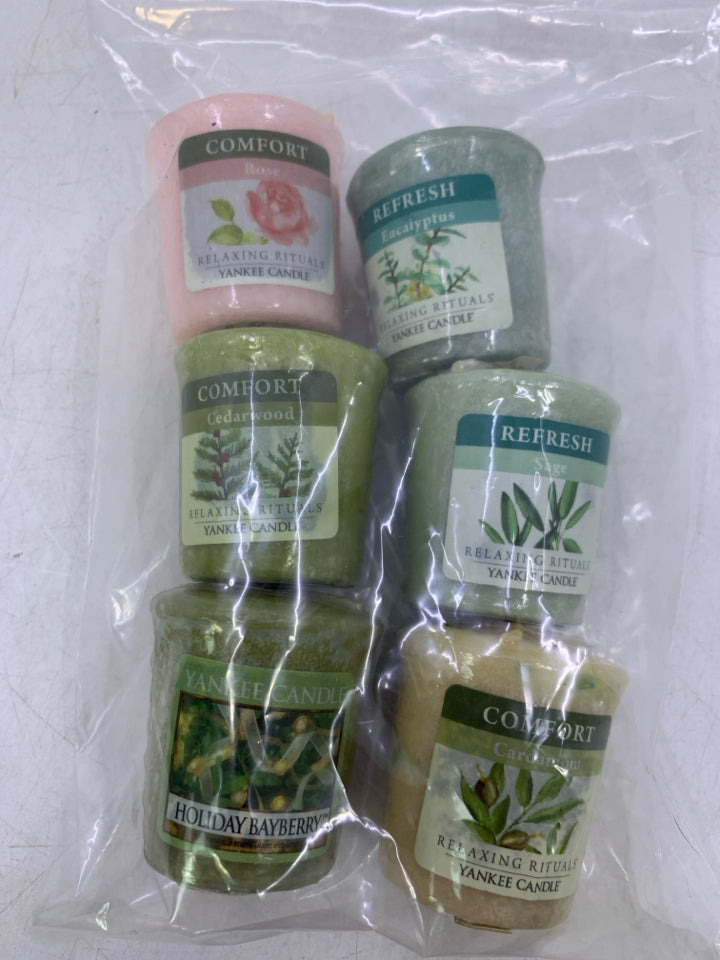 6 ASSORTED TEA LIGHT CANDLES IN BAG.